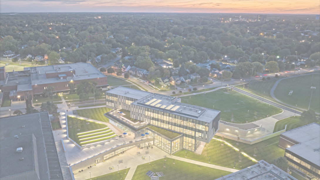 Aerial view of campus at dusk